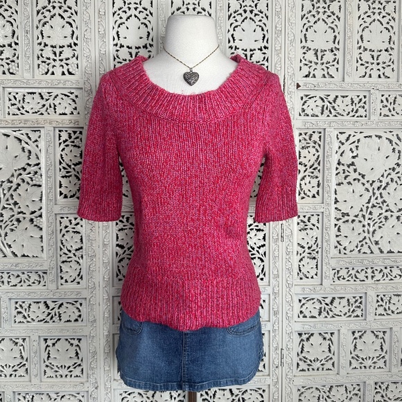 Worthington Pink & Red Marled Metallic Chunky Short Sleeve Sweater Sz Medium - Picture 1 of 8